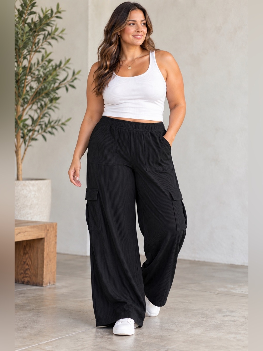 Halara XL Black Ribbed Wide Leg Cargo Pants Elastic Waist Utility Y2K Streetwear